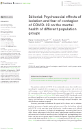 Cover page: Editorial: Psychosocial effects of isolation and fear of contagion of COVID-19 on the mental health of different population groups